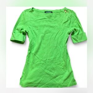 Ralph Lauren Bright Green Short Sleeve Top with Gold Zipper Detail